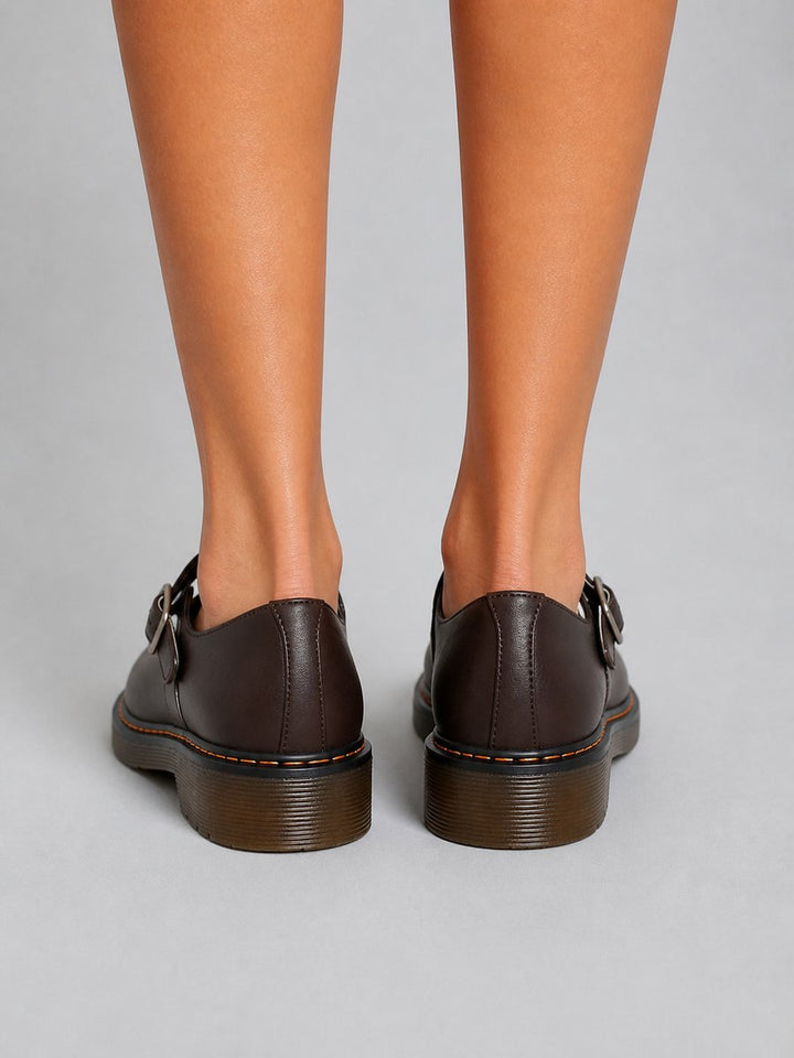 Emily | Women's Leather Look Mary Jane Flat Shoes Buckle Strap Round Toe