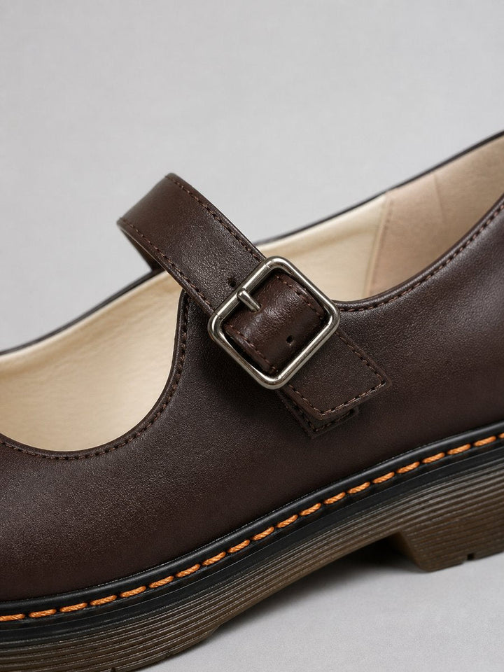 Emily | Women's Leather Look Mary Jane Flat Shoes Buckle Strap Round Toe