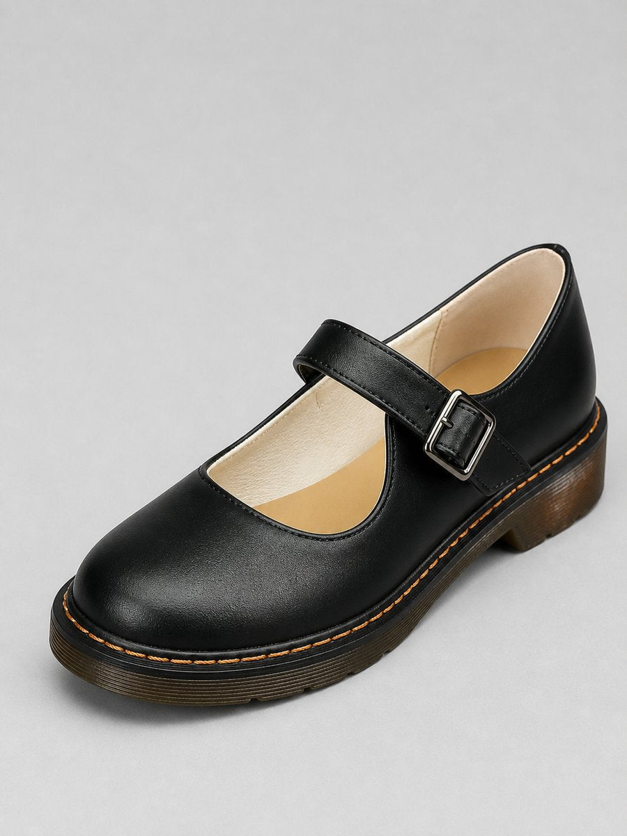 Emily | Women's Leather Look Mary Jane Flat Shoes Buckle Strap Round Toe