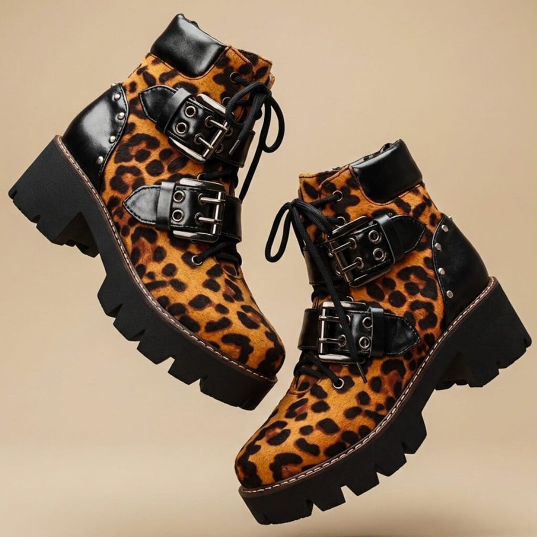Phoebe | Women's Leopard Print Buckle-Strap Chunky Ankle Boots