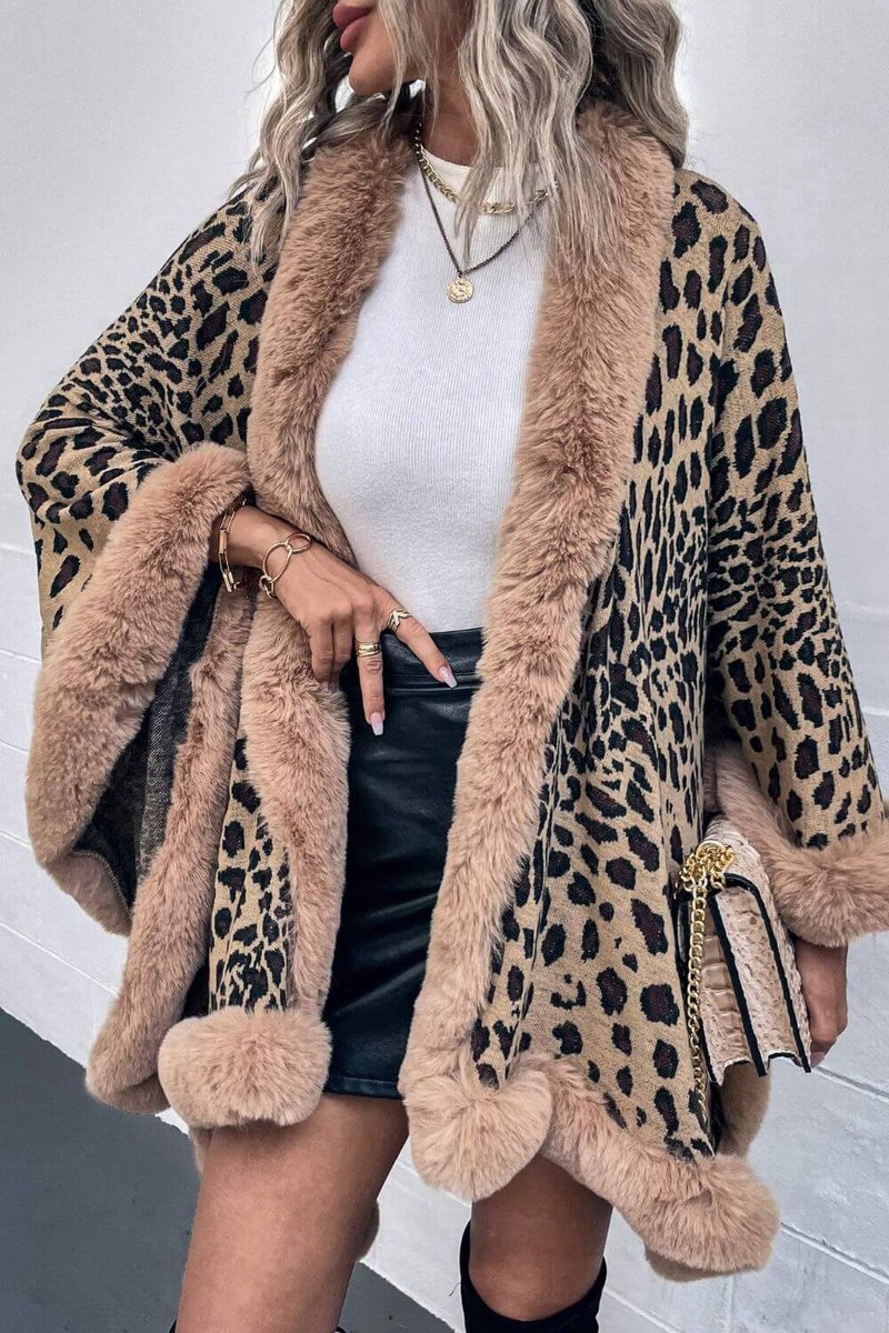 Emily | Women's Leopard Print Faux Fur Trim Loose Poncho Coat