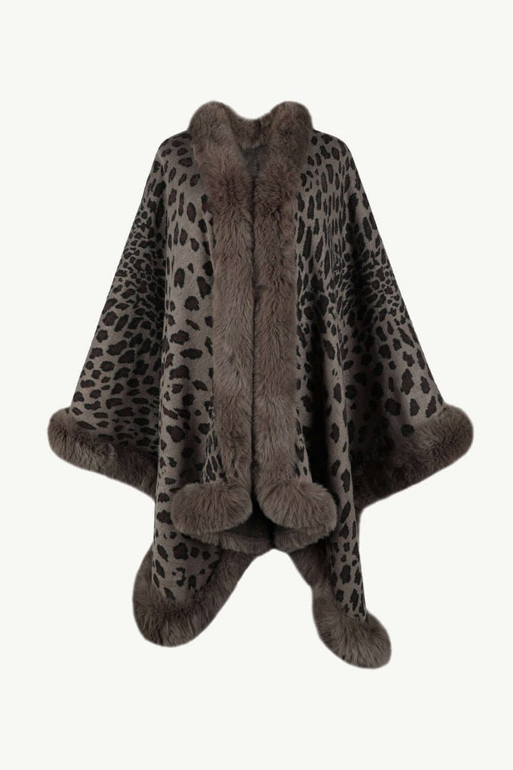 Emily | Women's Leopard Print Faux Fur Trim Loose Poncho Coat