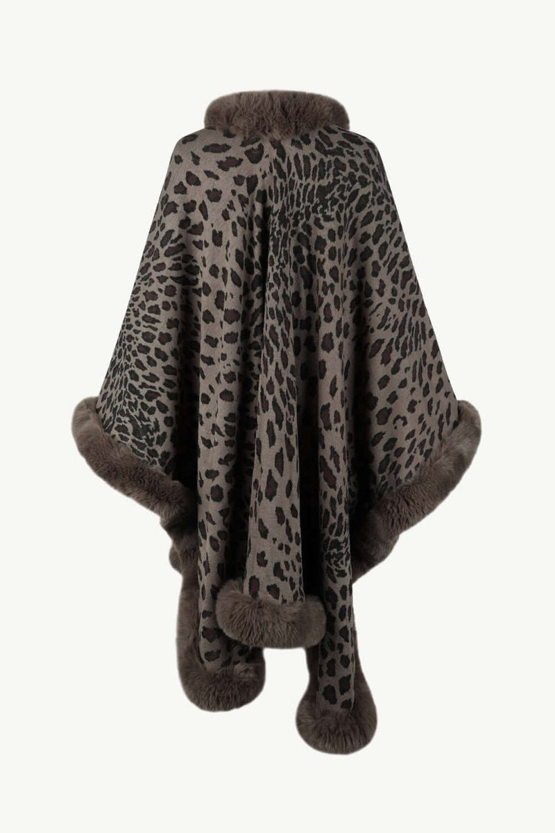 Emily | Women's Leopard Print Faux Fur Trim Loose Poncho Coat