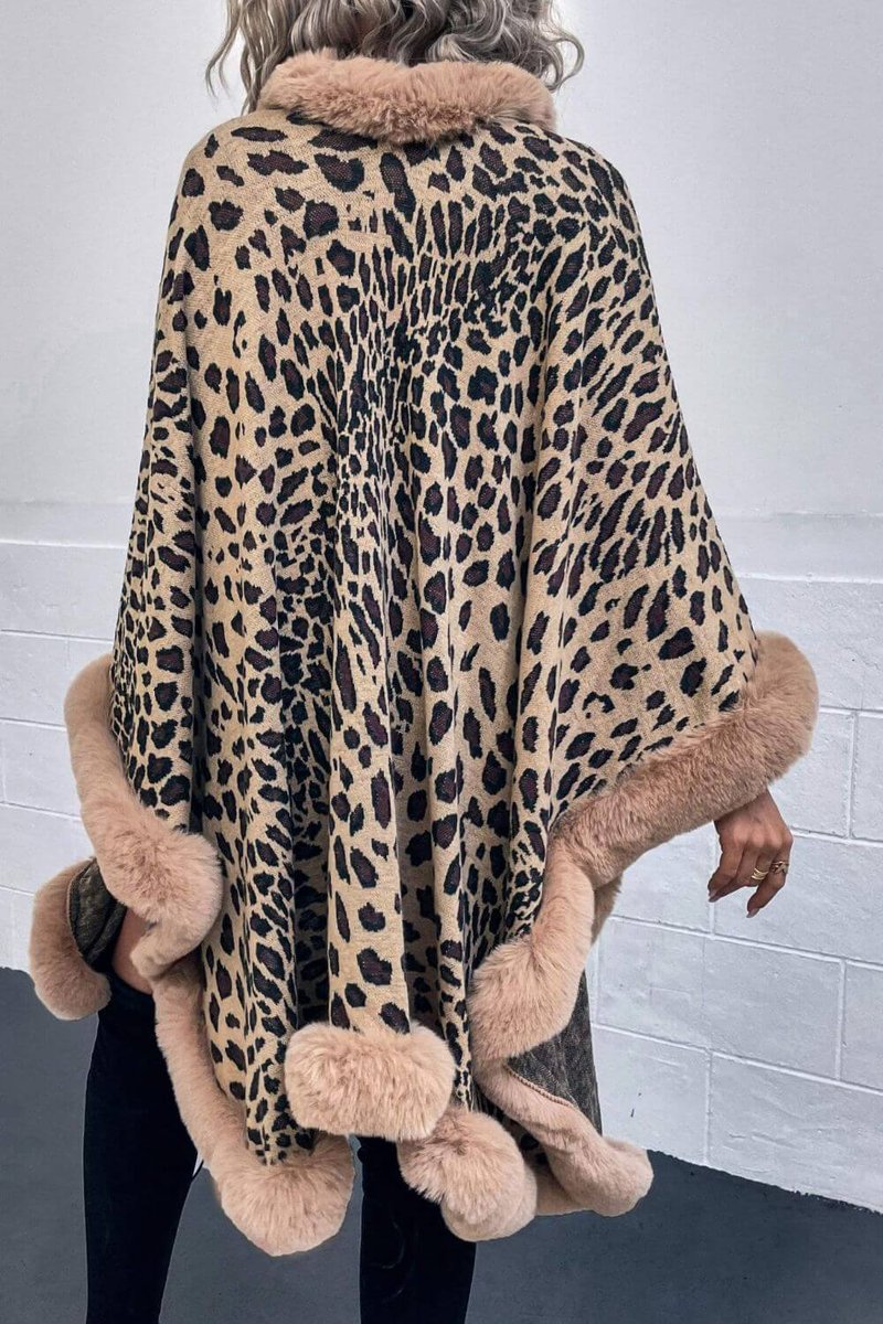 Emily | Women's Leopard Print Faux Fur Trim Loose Poncho Coat