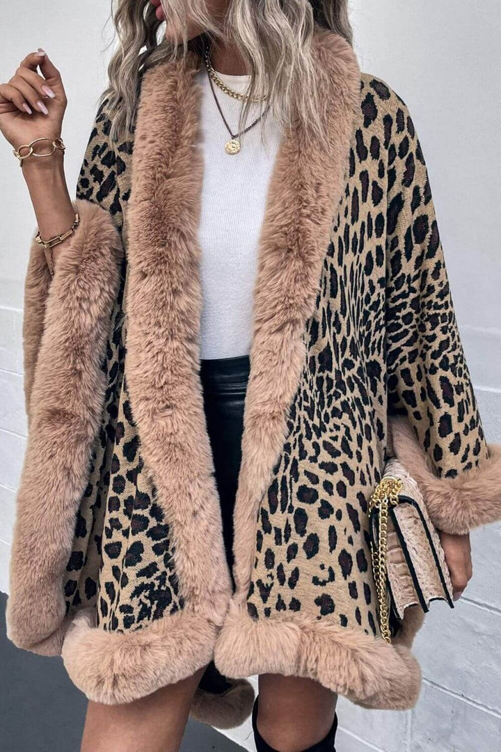 Emily | Women's Leopard Print Faux Fur Trim Loose Poncho Coat