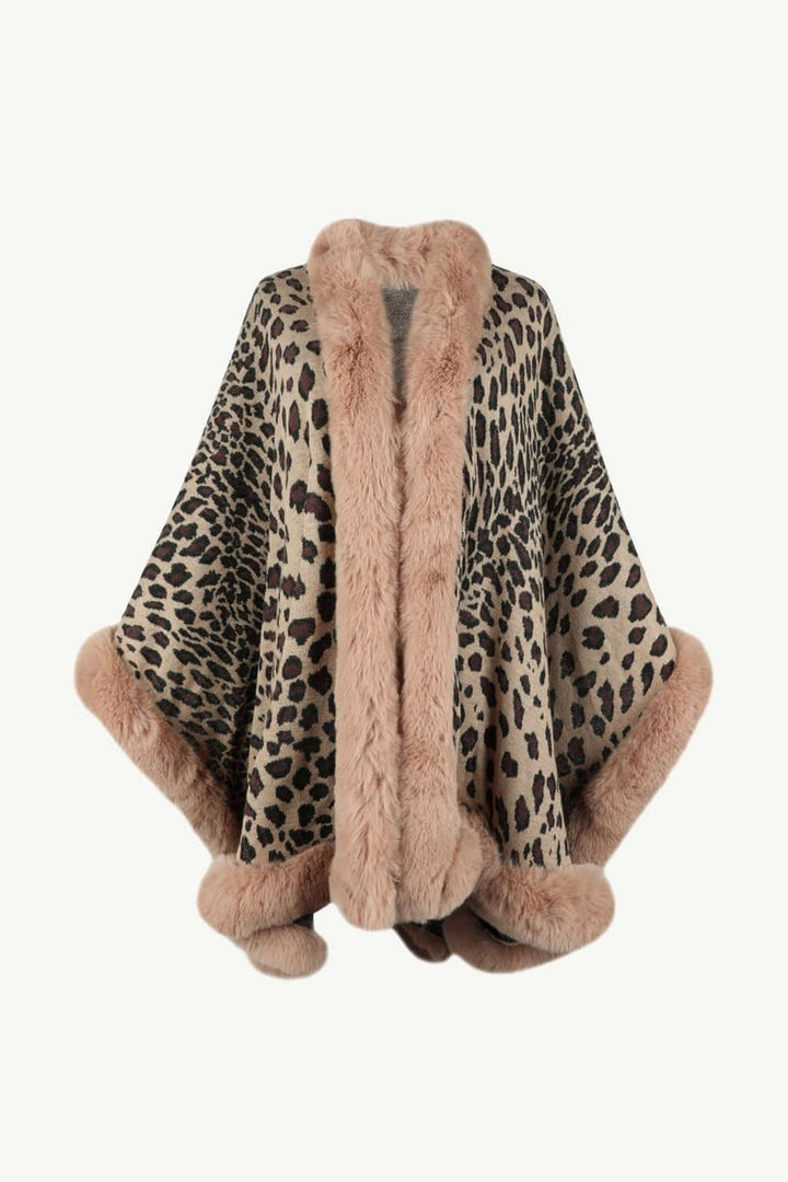 Emily | Women's Leopard Print Faux Fur Trim Loose Poncho Coat