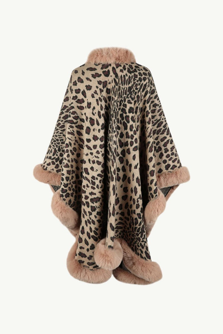 Emily | Women's Leopard Print Faux Fur Trim Loose Poncho Coat