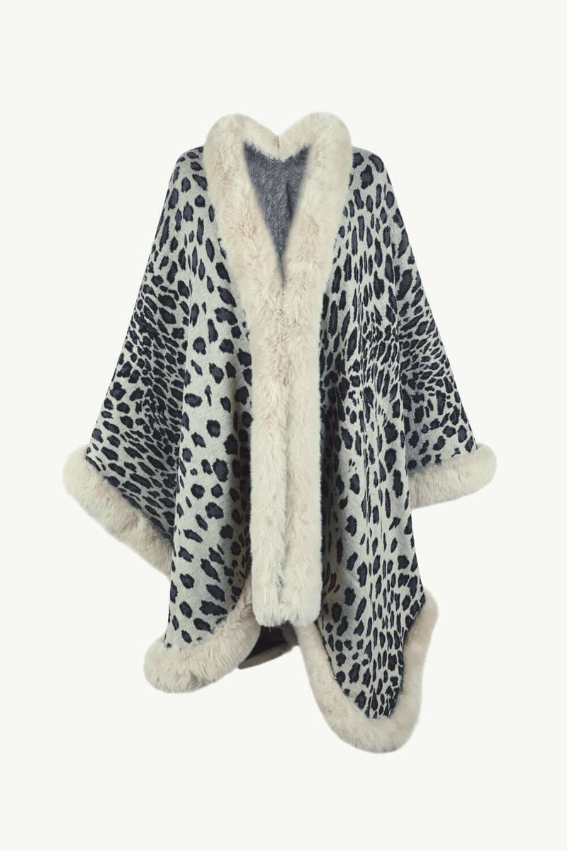 Emily | Women's Leopard Print Faux Fur Trim Loose Poncho Coat