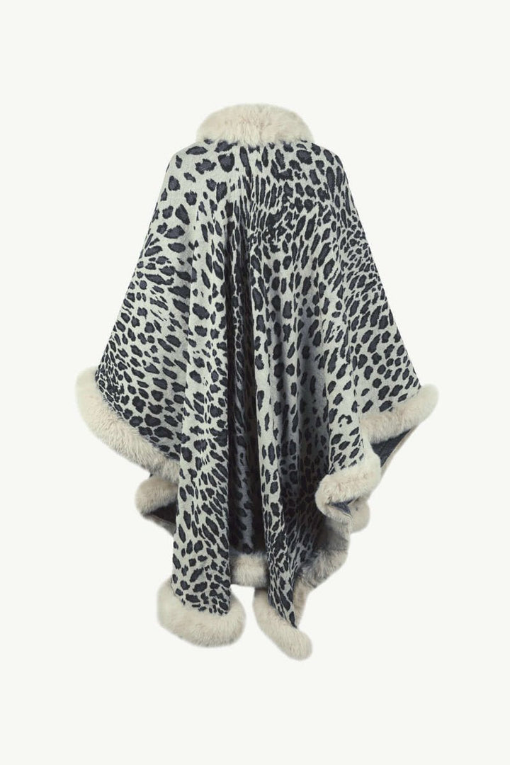 Emily | Women's Leopard Print Faux Fur Trim Loose Poncho Coat