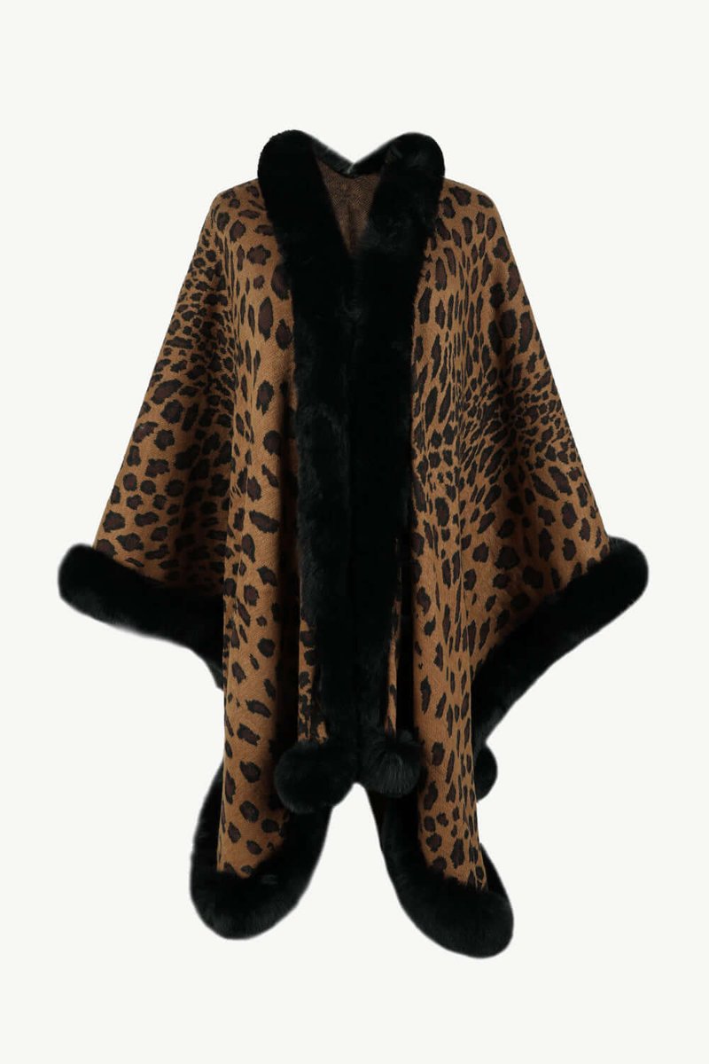 Emily | Women's Leopard Print Faux Fur Trim Loose Poncho Coat