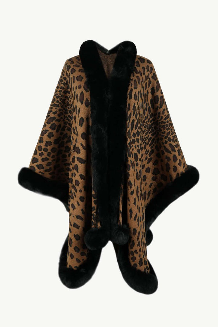 Emily | Women's Leopard Print Faux Fur Trim Loose Poncho Coat
