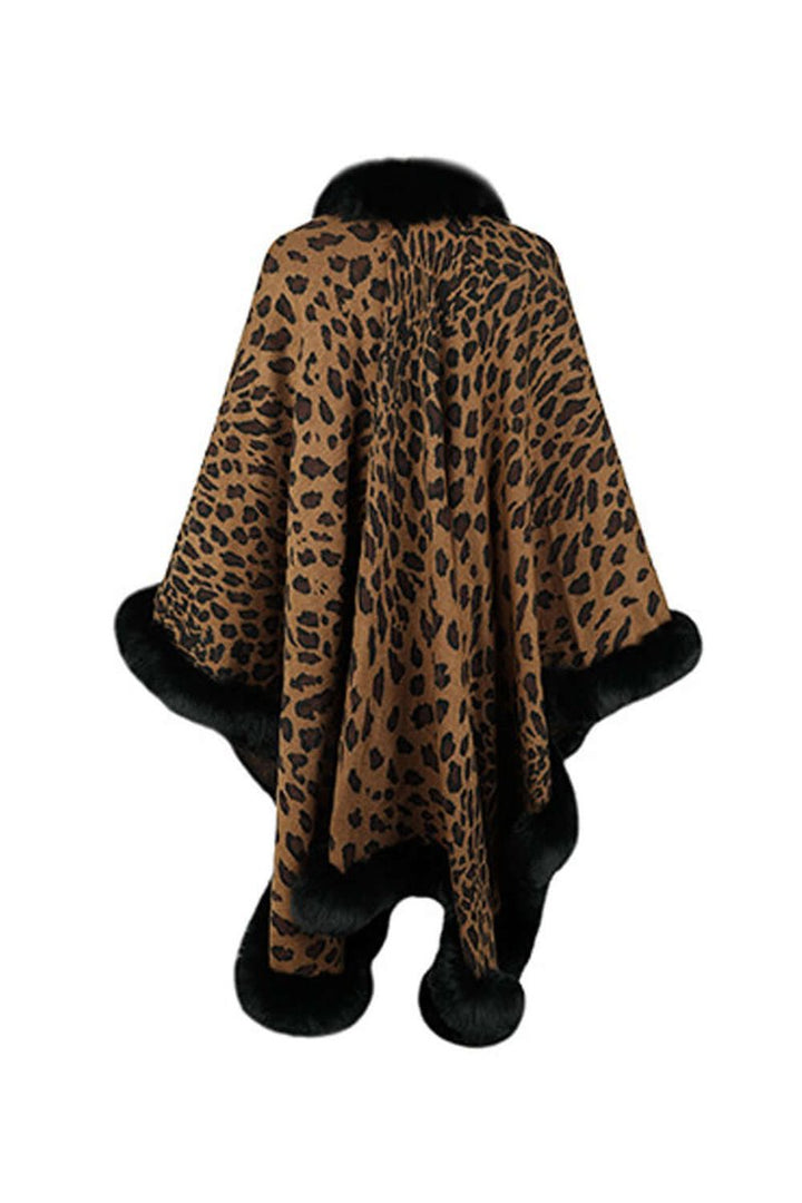 Emily | Women's Leopard Print Faux Fur Trim Loose Poncho Coat