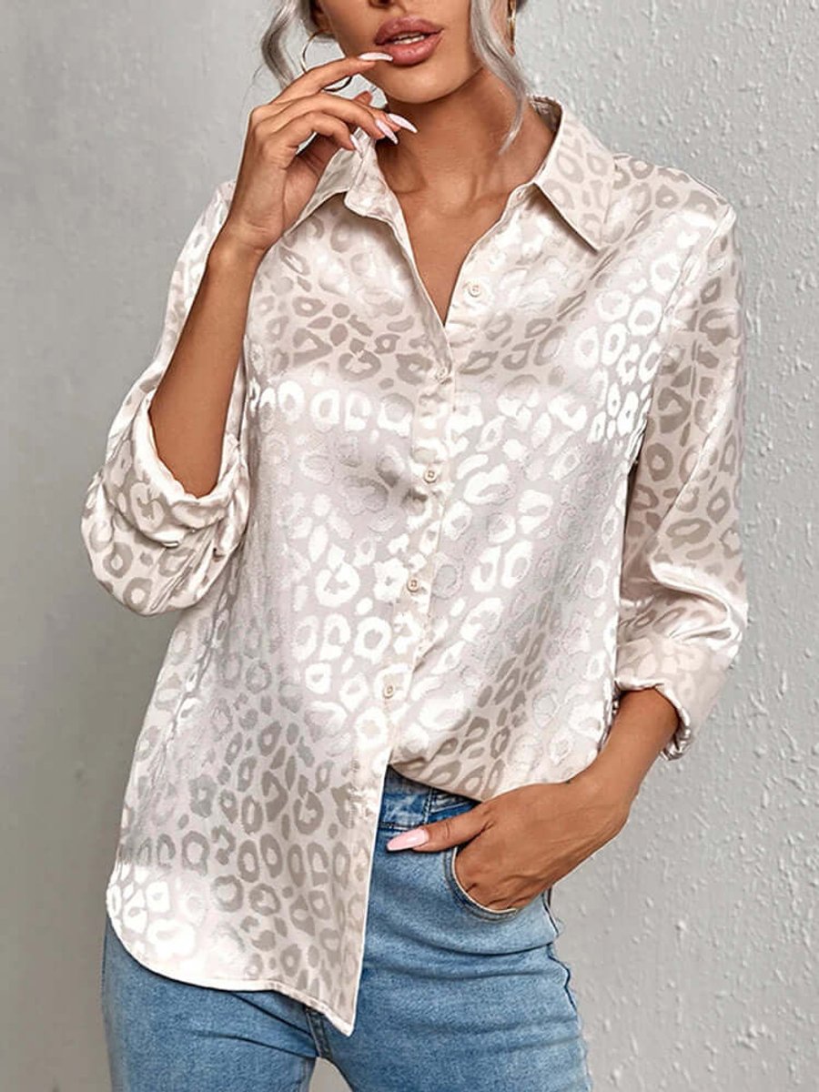 Emily | Women's Leopard Print Jacquard Long-Sleeve Button-Down Blouse