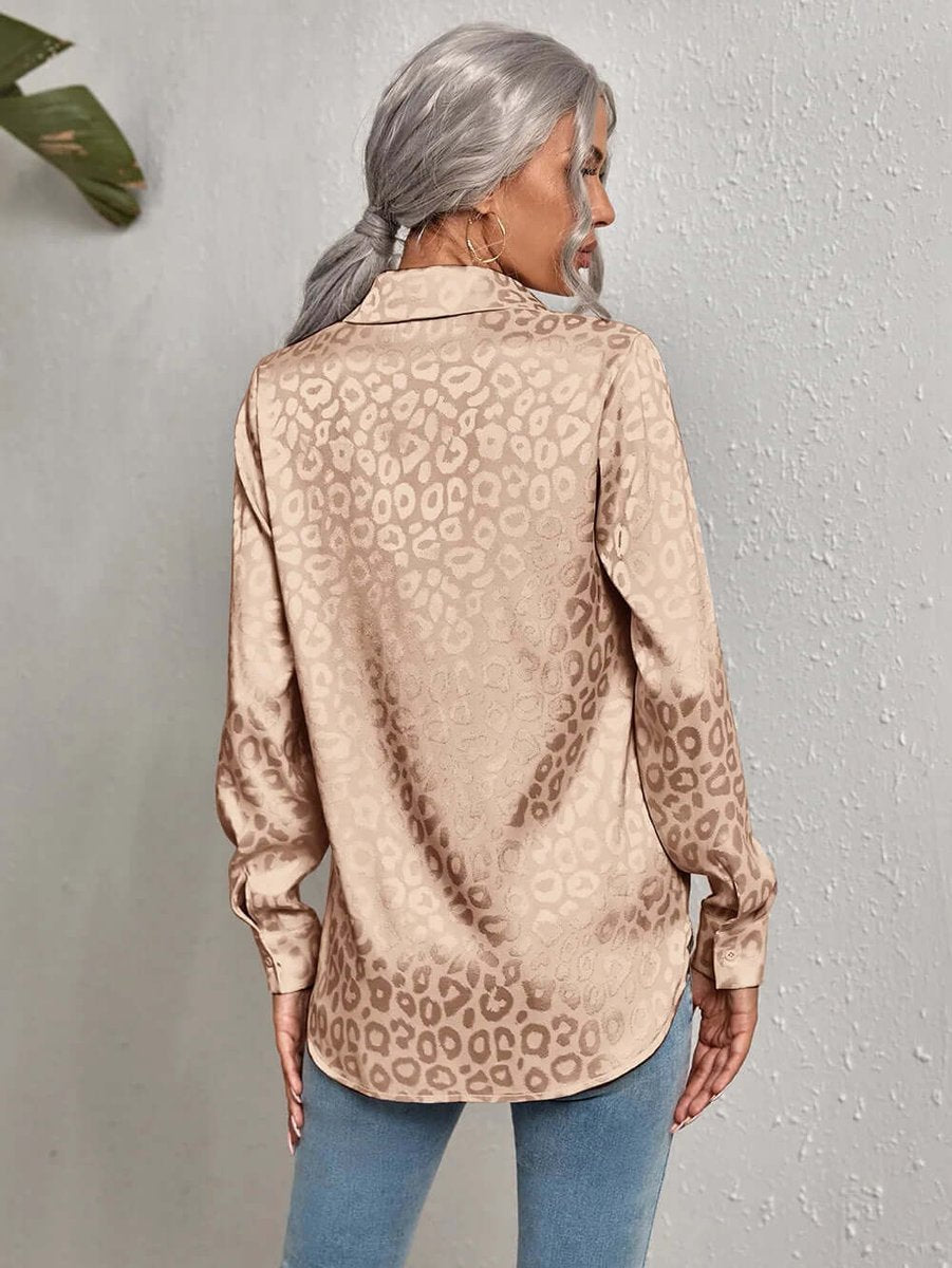 Emily | Women's Leopard Print Jacquard Long-Sleeve Button-Down Blouse