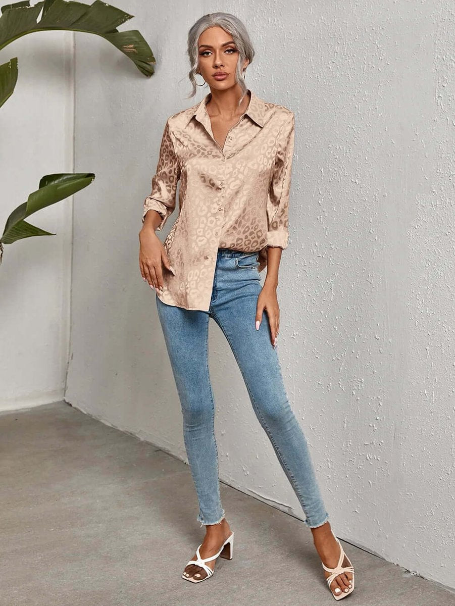 Emily | Women's Leopard Print Jacquard Long-Sleeve Button-Down Blouse