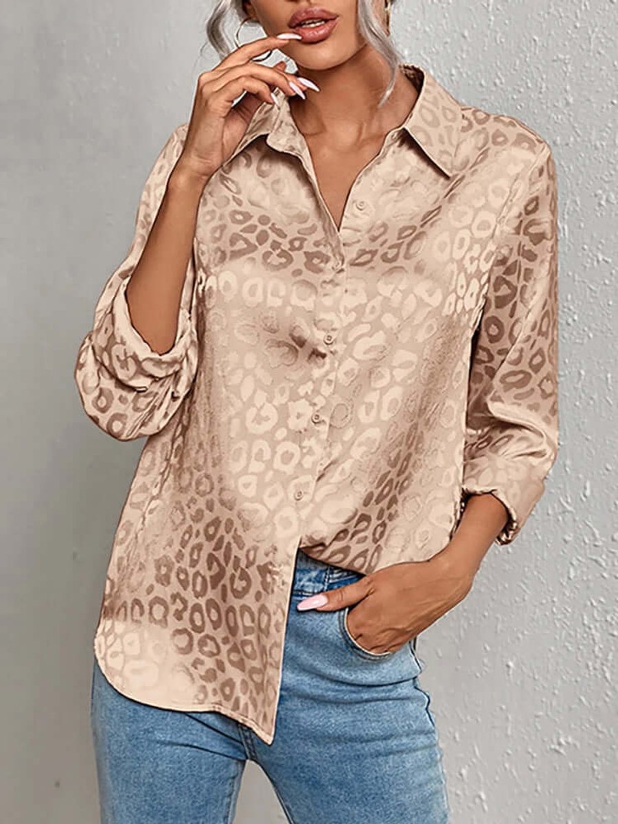 Emily | Women's Leopard Print Jacquard Long-Sleeve Button-Down Blouse