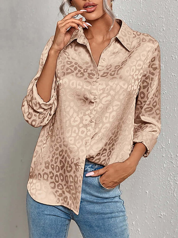 Emily | Women's Leopard Print Jacquard Long-Sleeve Button-Down Blouse