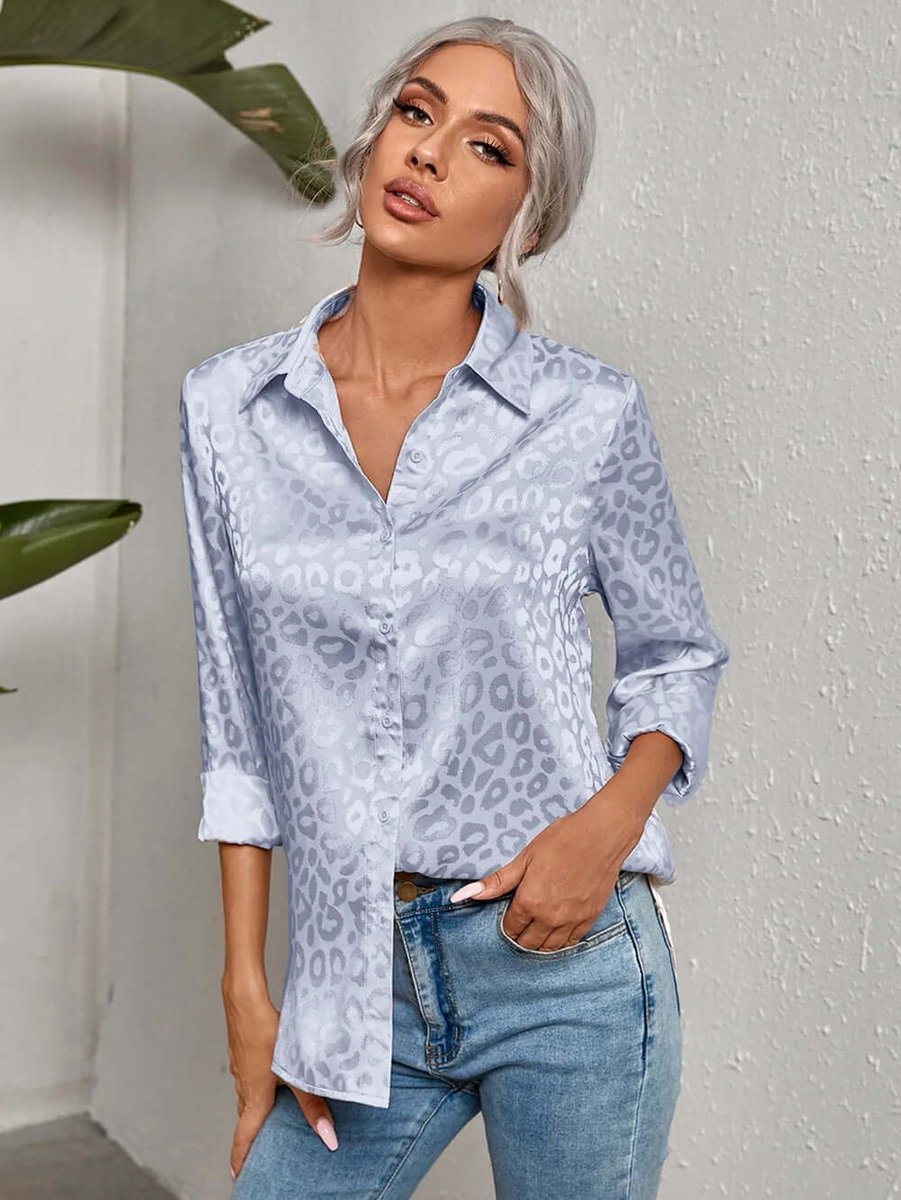 Emily | Women's Leopard Print Jacquard Long-Sleeve Button-Down Blouse