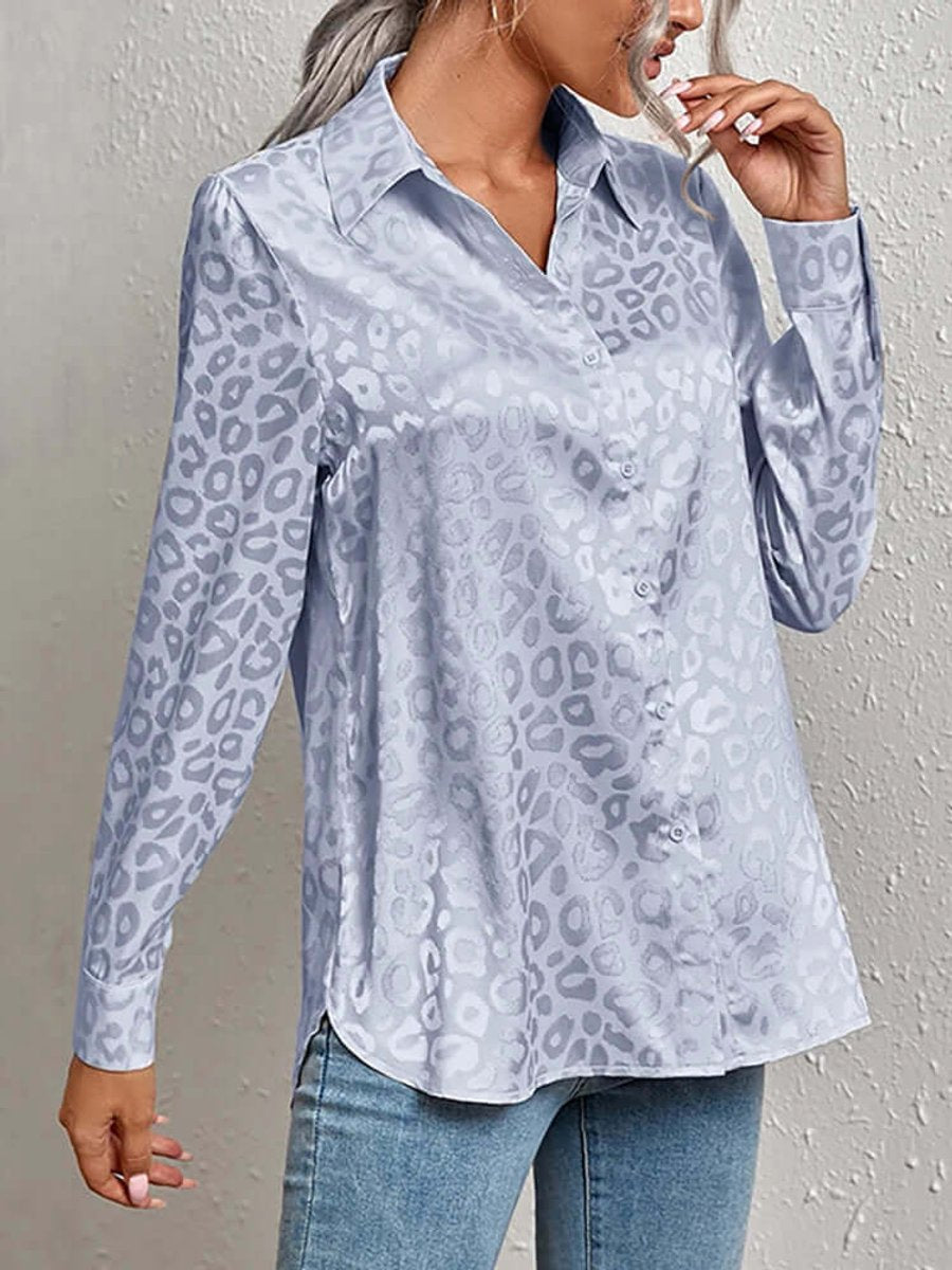 Emily | Women's Leopard Print Jacquard Long-Sleeve Button-Down Blouse
