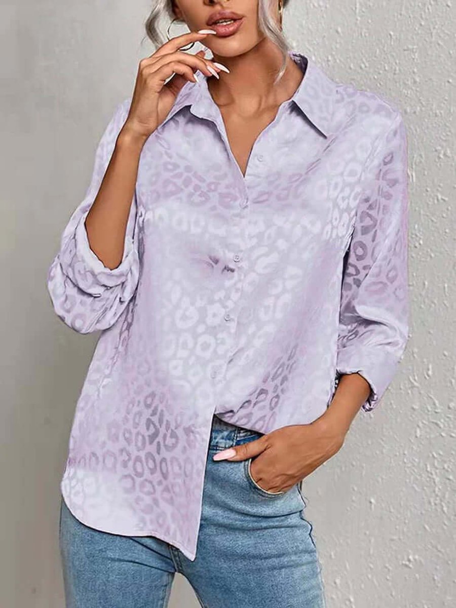 Emily | Women's Leopard Print Jacquard Long-Sleeve Button-Down Blouse