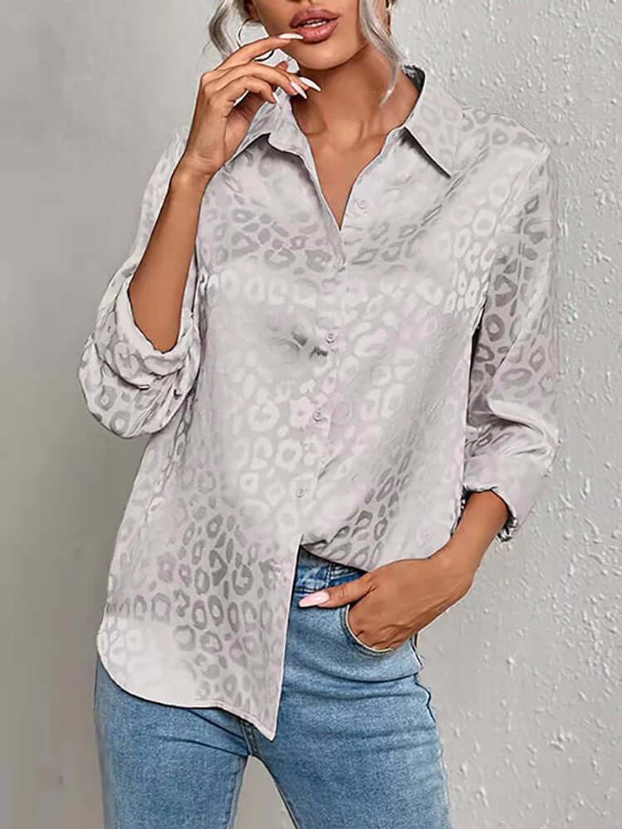 Emily | Women's Leopard Print Jacquard Long-Sleeve Button-Down Blouse
