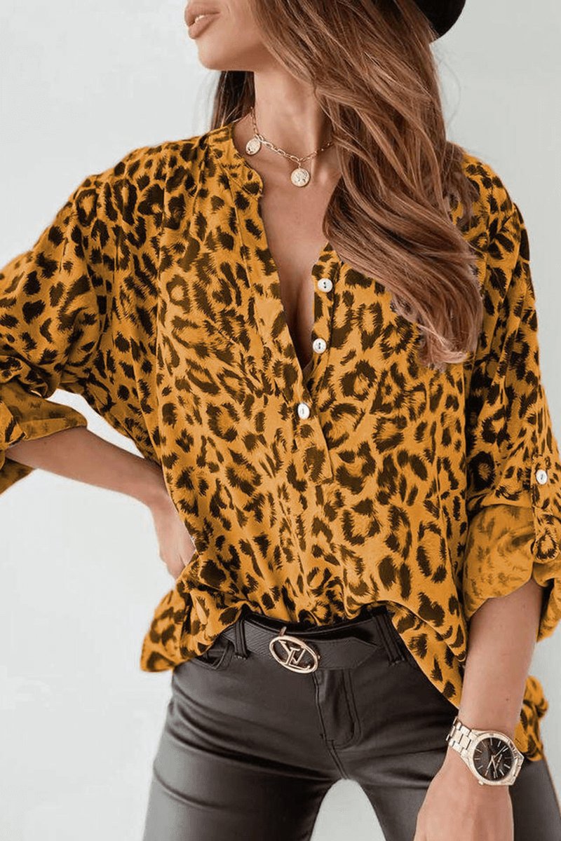 Freya | Women's Leopard Print Long-Sleeve Button-Up V-Neck Blouse