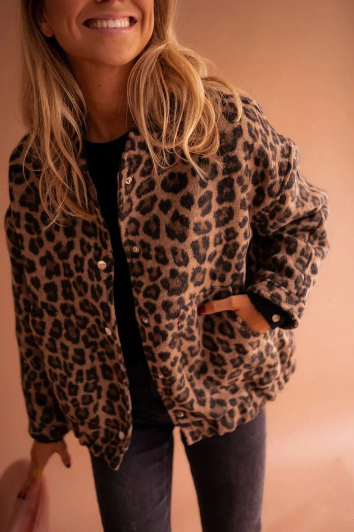 Scarlett | Women's Leopard Print Snap-Front Relaxed Bomber Coat Jacket