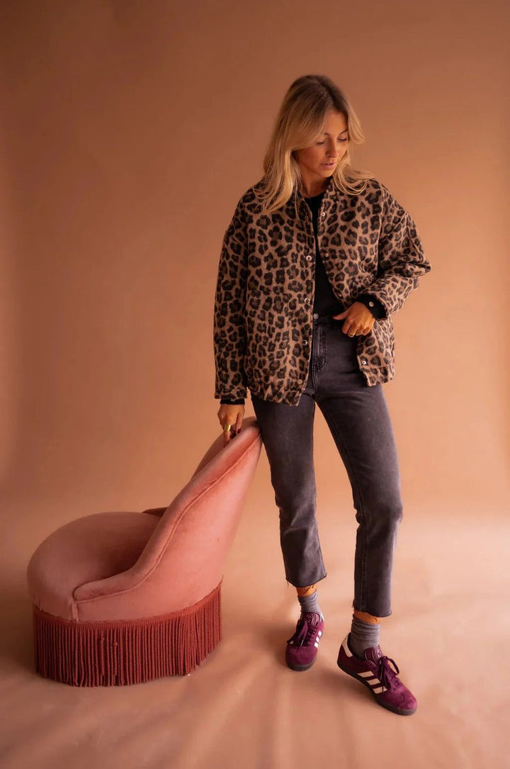 Scarlett | Women's Leopard Print Snap-Front Relaxed Bomber Coat Jacket