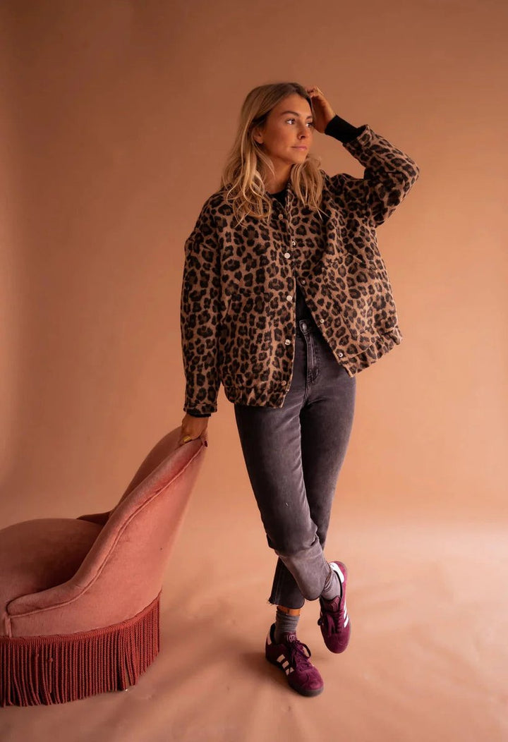 Scarlett | Women's Leopard Print Snap-Front Relaxed Bomber Coat Jacket