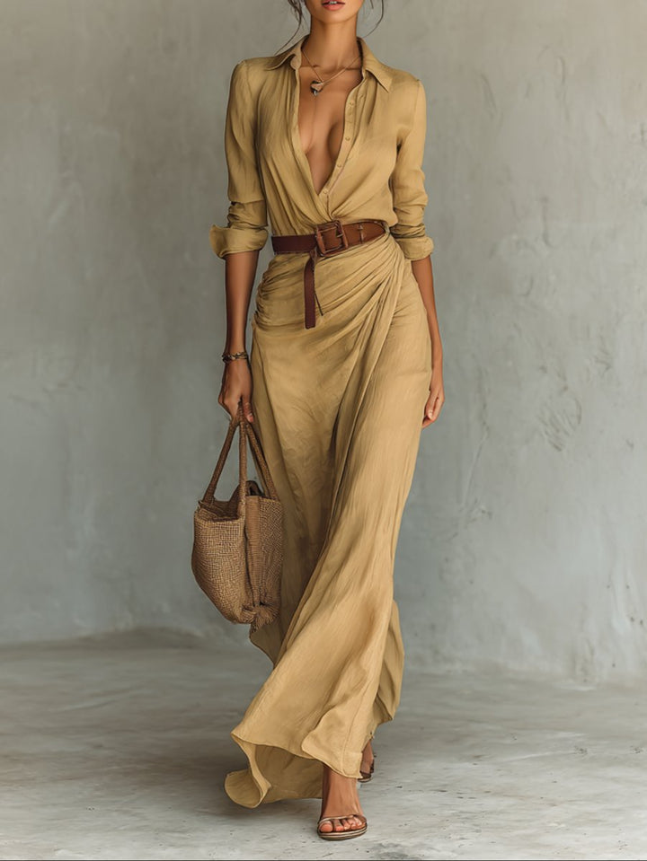 Isla | Women's Long Sleeve Belted Shirt Collar Maxi Dress