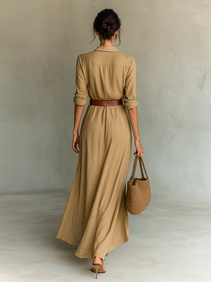 Isla | Women's Long Sleeve Belted Shirt Collar Maxi Dress