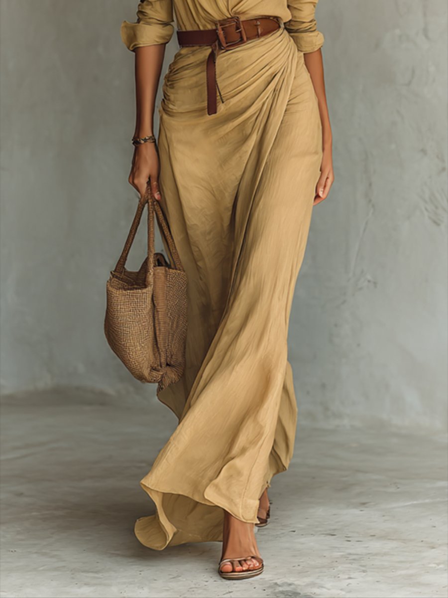Isla | Women's Long Sleeve Belted Shirt Collar Maxi Dress
