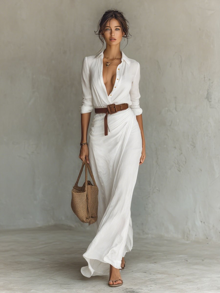 Isla | Women's Long Sleeve Belted Shirt Collar Maxi Dress