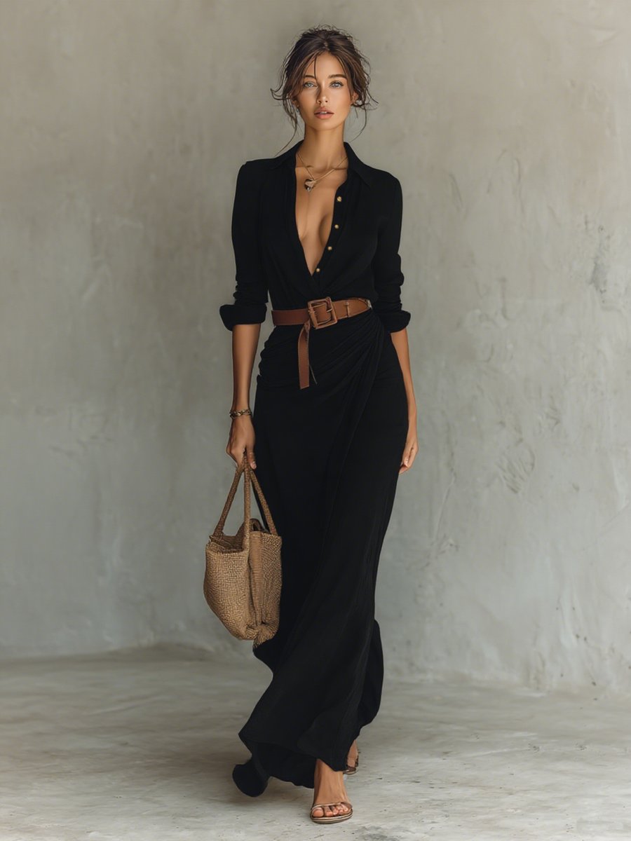 Isla | Women's Long Sleeve Belted Shirt Collar Maxi Dress