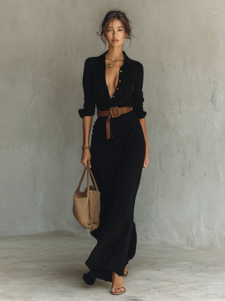 Isla | Women's Long Sleeve Belted Shirt Collar Maxi Dress