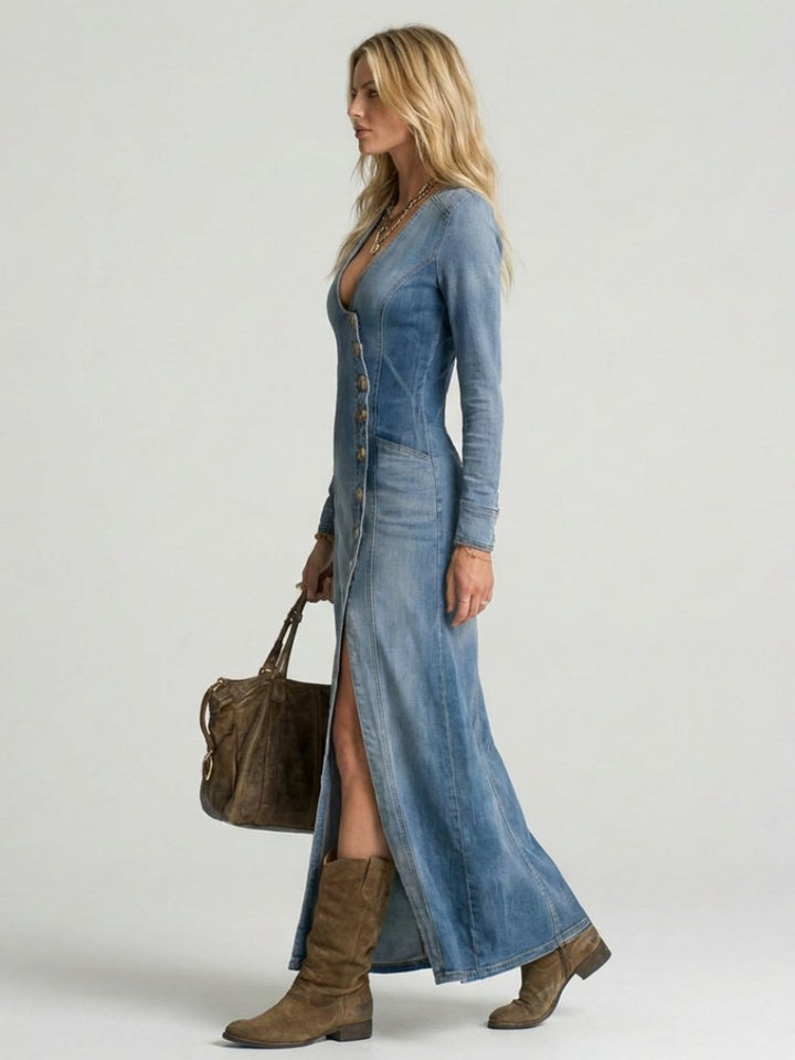 Ivy | Women's Long Sleeve Button-Front Denim Everyday Maxi Dress Deep V-Neck