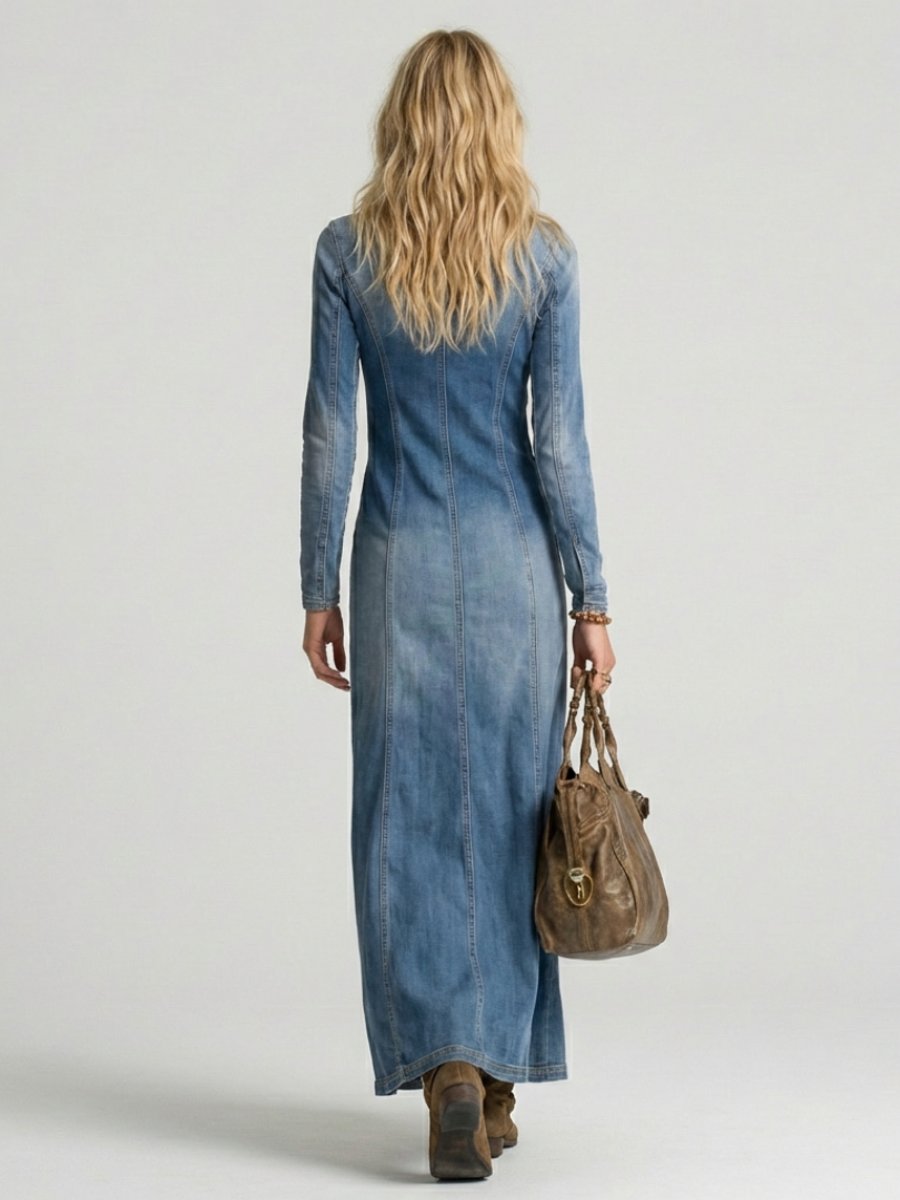 Ivy | Women's Long Sleeve Button-Front Denim Everyday Maxi Dress Deep V-Neck