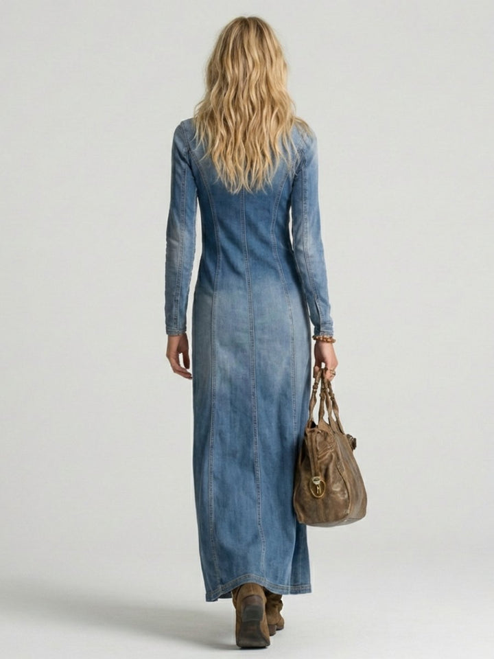 Ivy | Women's Long Sleeve Button-Front Denim Everyday Maxi Dress Deep V-Neck