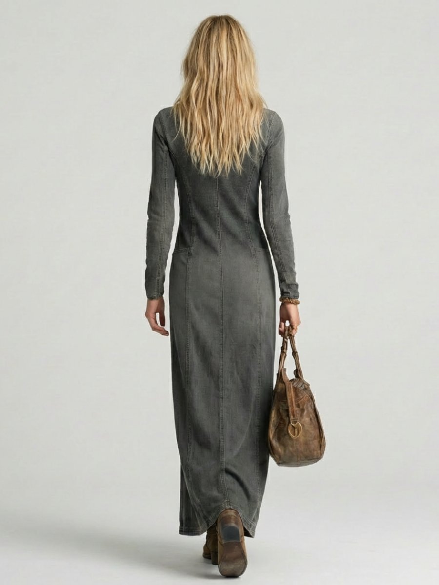 Ivy | Women's Long Sleeve Button-Front Denim Everyday Maxi Dress Deep V-Neck