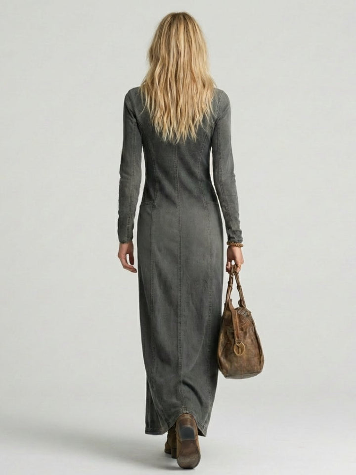 Ivy | Women's Long Sleeve Button-Front Denim Everyday Maxi Dress Deep V-Neck