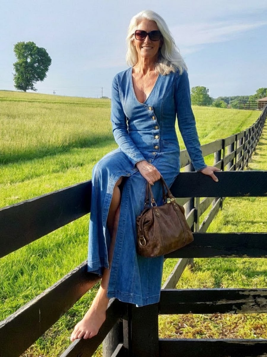 Ivy | Women's Long Sleeve Button-Front Denim Everyday Maxi Dress Deep V-Neck