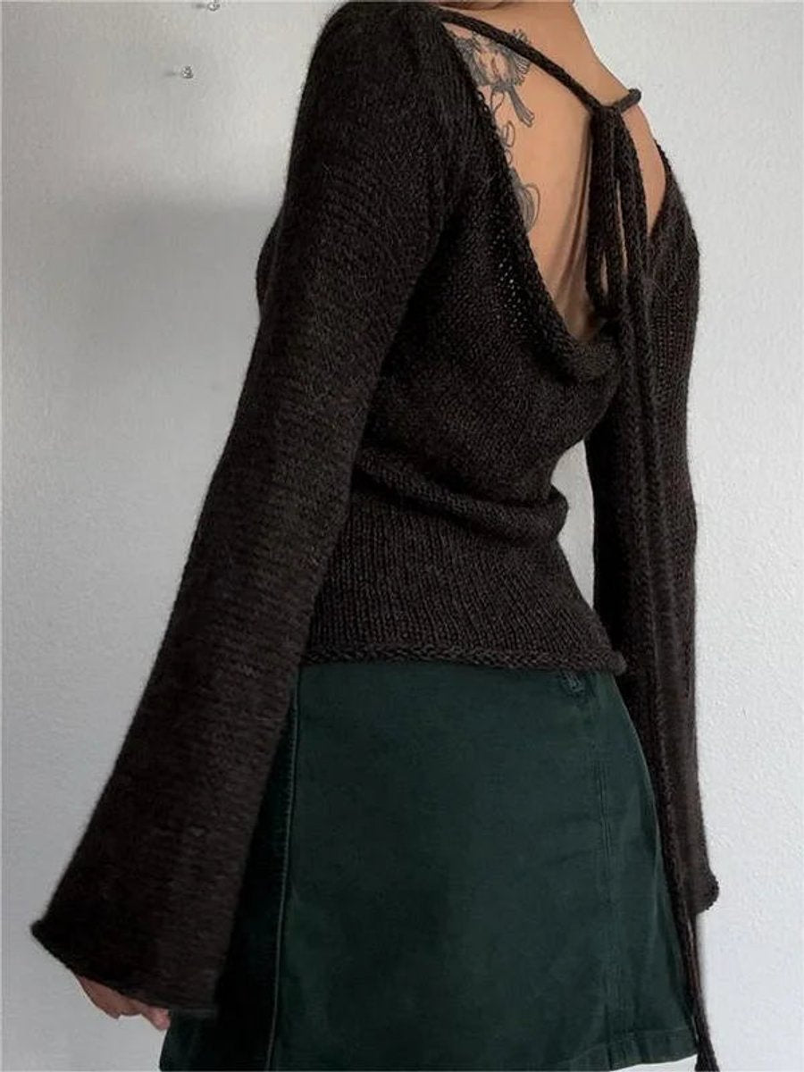 Aria | Women's Open-Back Knit Jumper Flared Cuffs Boat Neck