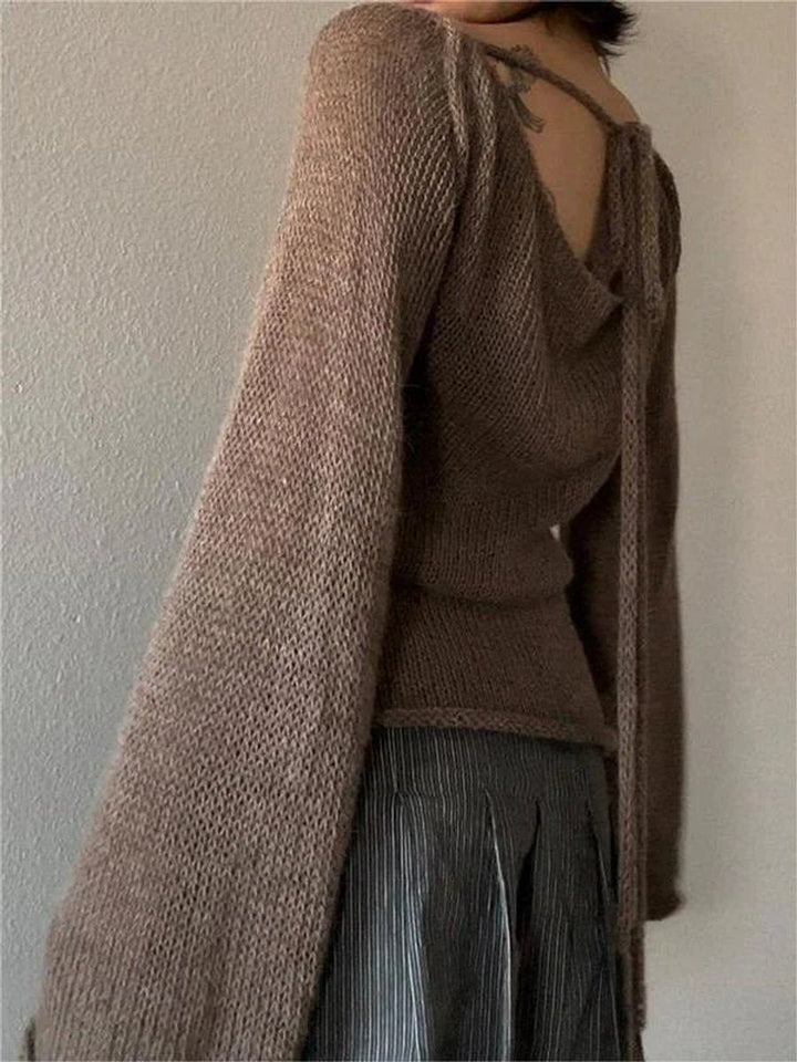 Aria | Women's Open-Back Knit Jumper Flared Cuffs Boat Neck