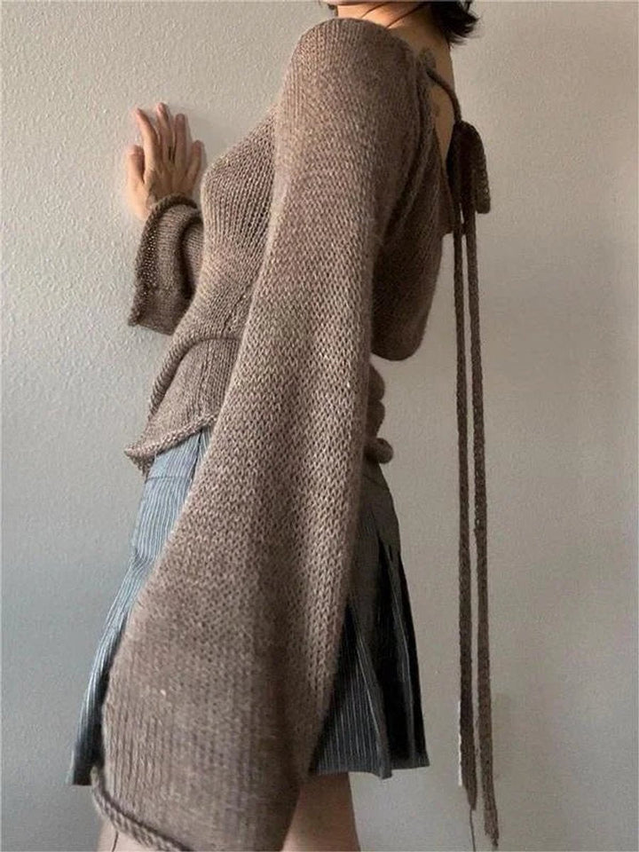 Aria | Women's Open-Back Knit Jumper Flared Cuffs Boat Neck