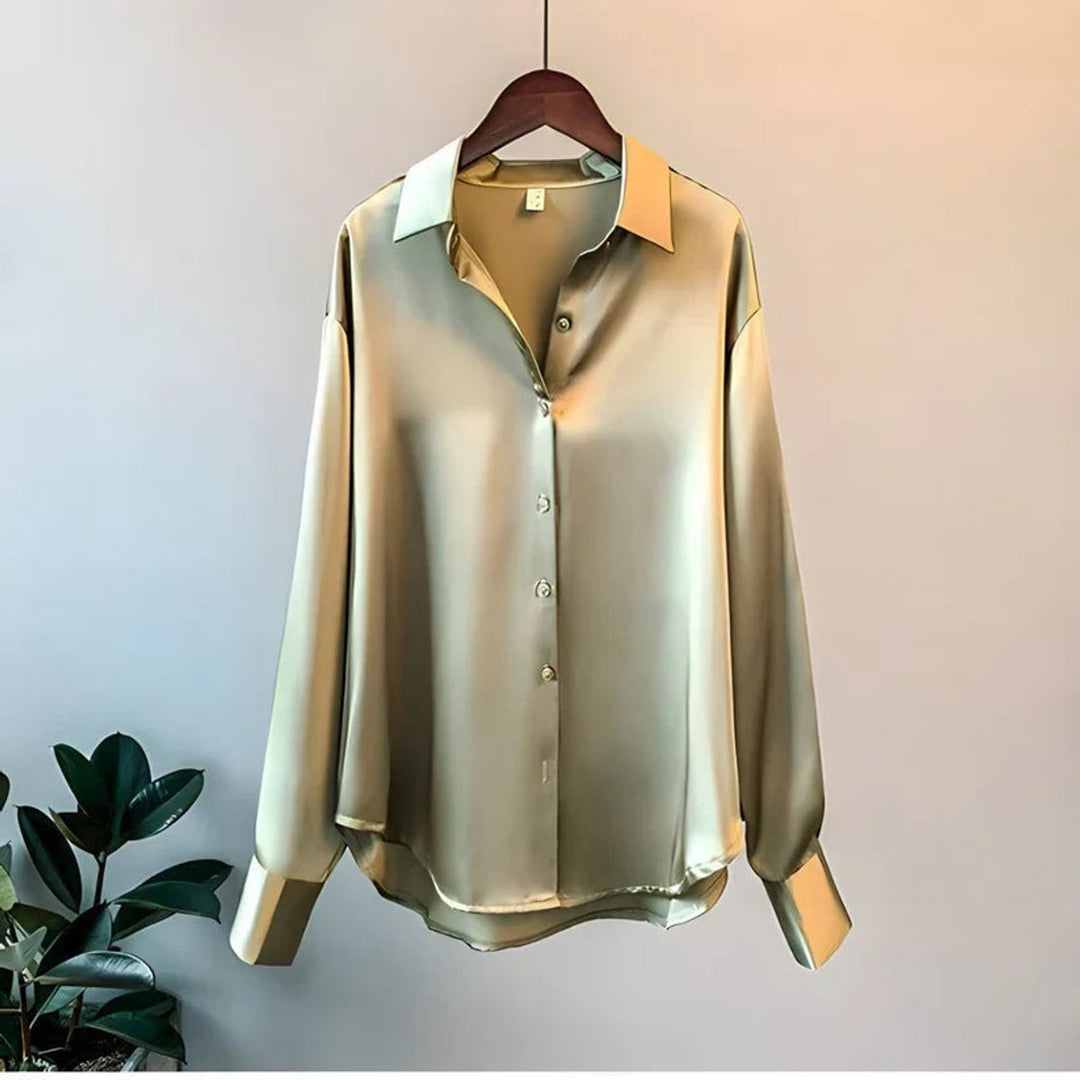 Isla | Women's Satin Long Sleeve Blouse Asymmetric Hem Relaxed Fit