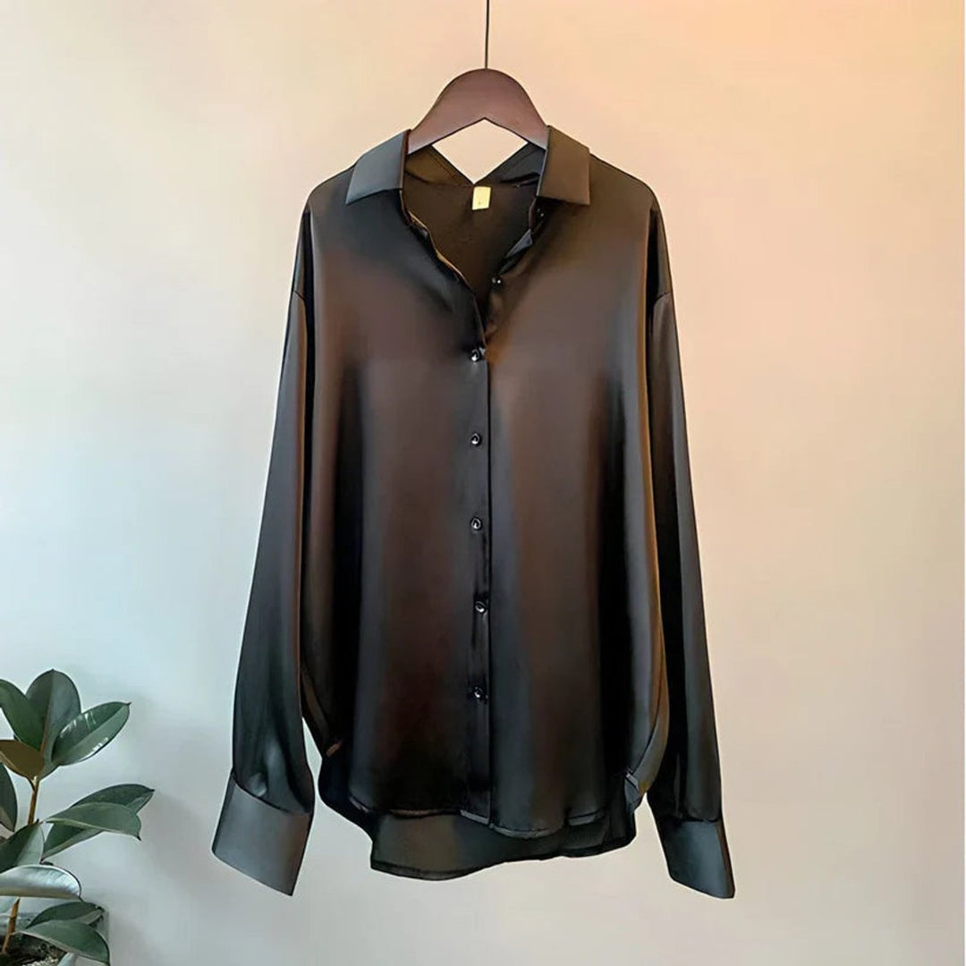 Isla | Women's Satin Long Sleeve Blouse Asymmetric Hem Relaxed Fit