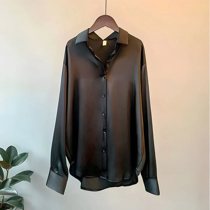 Isla | Women's Satin Long Sleeve Blouse Asymmetric Hem Relaxed Fit