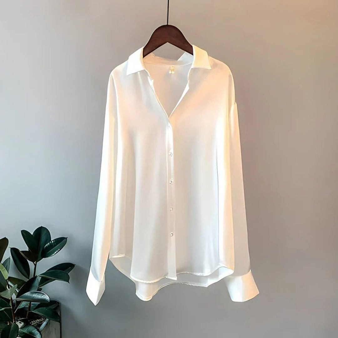 Isla | Women's Satin Long Sleeve Blouse Asymmetric Hem Relaxed Fit