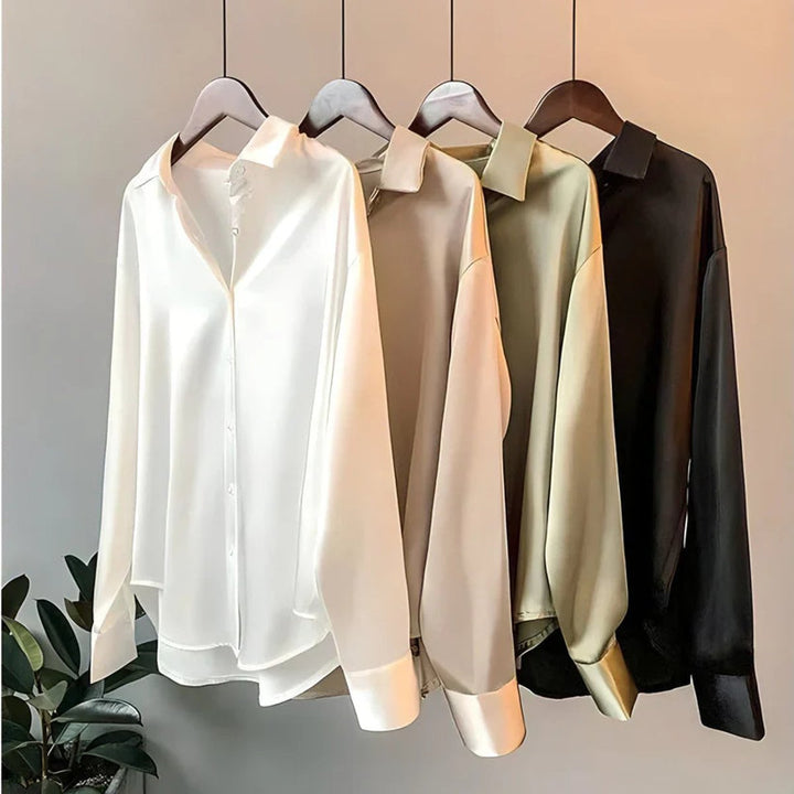Isla | Women's Satin Long Sleeve Blouse Asymmetric Hem Relaxed Fit