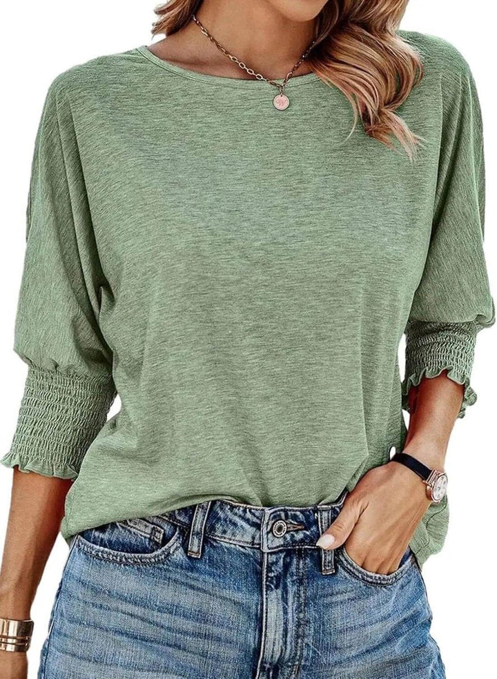 Aria | Women's Long Sleeve Batwing Blouse Smocked Frill Cuffs